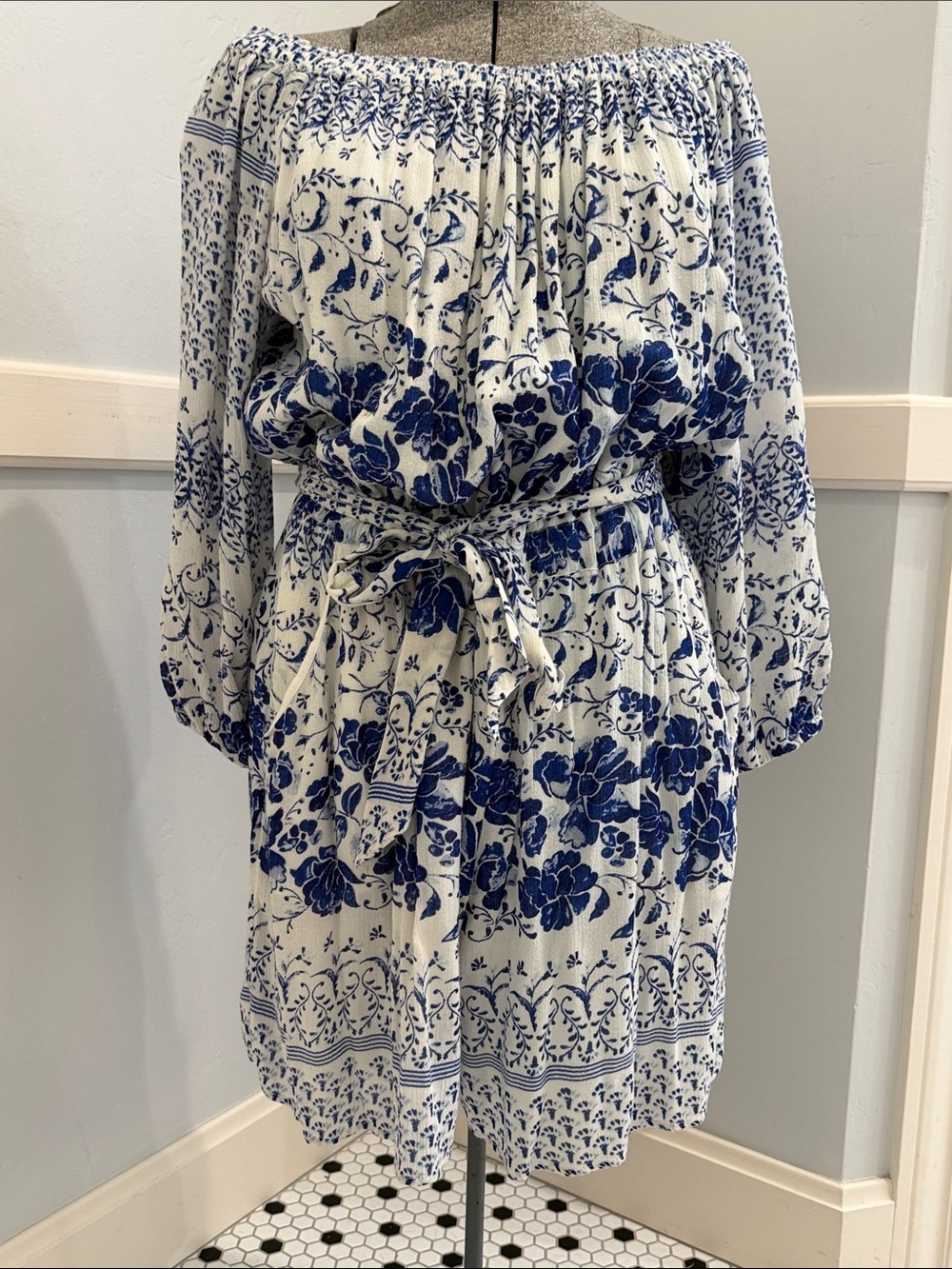 Anthropologie White and Blue Floral Smocked Midi Shorts
